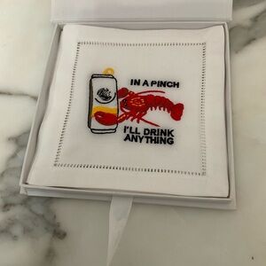 August Morgan White Cocktail Napkin with Lobster Embroidery
